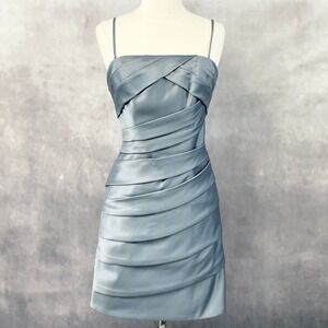Eden Bridesmaids Cocktail Dress Womens 4 Blue Satin Ruched Formal Minimal Chic